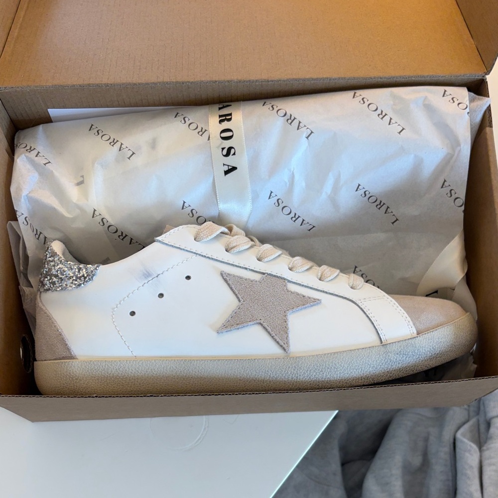White Sneakers with Silver Glitter Heel and Star
